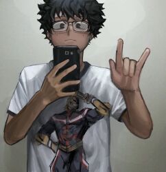 2boys \m/ all_might alternate_costume alternate_hairstyle black_eyes black_hair boku_no_hero_academia cellphone closed_mouth commentary glasses hashtag-only_commentary highres holding holding_phone male_focus merchandise midoriya_izuku mirror_selfie multiple_boys myxi_088 phone selfie shirt short_hair smartphone solo symbol-only_commentary upper_body