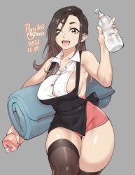 1girl agawa_ryou apron armpits artificial_vagina artist_name bare_shoulders black_apron bottle breasts brown_eyes brown_hair brown_thighhighs collarbone collared_shirt commentary covered_erect_nipples cowboy_shot dated english_commentary flipped_hair grey_background hand_up high-waist_shorts holding holding_bottle long_hair lube no_bra numbered one_eye_closed open_mouth original pink_shorts puffy_nipples sex_toy shirt shorts sideboob sidelocks simple_background sleeveless smile solo teeth thighhighs upper_teeth_only white_shirt yoga_mat zettai_ryouiki