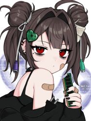 1girl ahoge animal animal_on_head bags_under_eyes bandaid bandaid_on_arm bandaid_on_cheek bandaid_on_face bare_shoulders black_nails blue_screen_of_death bug cable cable_hair_ornament cable_tail choker circuit_board closed_mouth double_bun ear_piercing eating electric_plug electric_plug_tail food_bite from_side hair_bun hair_intakes hair_ornament heart heart_hair_ornament highres holding insect long_sleeves looking_at_viewer looking_to_the_side mechanical_tail moth nail_polish on_head original piercing ram_(computer) red_eyes ringed_eyes solo spaghetti_strap spiked_choker spikes tail twintails upper_body vickie_(cryingrobot) vickie_(cryingrobot)_(character)
