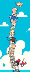 ! 1girl beanie black_hair blush_stickers chueog cloud commentary gen_4_pokemon gen_7_pokemon green_shorts hat highres holding holding_pokemon litten nintendo pokemon pokemon_(creature) pokemon_sm popplio red_headwear rotom rotom_dex rowlet selene_(pokemon) shirt short_sleeves shorts