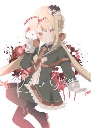 1girl 9ra4ki33 absurdres ace_(playing_card) ace_of_hearts arihara_nanami black_boots black_capelet black_dress black_hat black_pantyhose blonde_hair blush_stickers boots capelet card closed_mouth colored_eyelashes commentary_request copyright_name dress expressionless foot_out_of_frame frilled_dress frills garrison_cap gloves hair_between_eyes hair_ribbon hand_up hat heart highres holding holding_card lace-up_boots long_hair long_sleeves looking_at_viewer low_twintails necktie notice_lines pantyhose playing_card red_eyes red_necktie ribbon riddle_joker short_dress simple_background solo thick_thighs thighs twintails very_long_hair white_background white_gloves