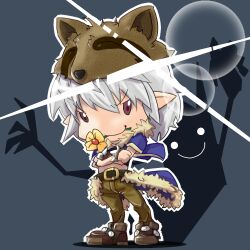 1boy belt black_belt black_shirt blue_cape blue_jacket brown_eyes brown_pants brown_shoes cape chibi chibi_only closed_mouth commentary_request different_shadow flower flower_in_mouth full_body fur-trimmed_cape fur-trimmed_jacket fur_trim glint grey_background grey_hair jacket looking_at_viewer lowres male_focus mori_shin_risuku pants pointy_ears raccoon_hat ragnarok_online shirt shoes short_hair short_sleeves simple_background smile solo stalker_(ragnarok_online) standing waist_cape yellow_flower