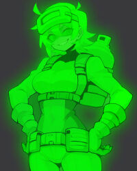 1girl absurdres ai-generated awaria breasts colored_skin ghost green_hair green_skin highres nikita_(awaria) sharp_teeth teeth welding_goggles