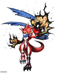 Rule 34 | blue scarf, crotch plate, digimon, digimon (creature), digimon ghost game, dragon, fire, full body, horns, official art, red scales, scarf, simple background, white background