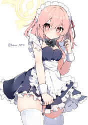 1girl absurdres apron blue_archive feather_hair feathers hair_between_eyes halo highres kokoa_ufo maid maid_apron maid_headdress medium_hair pink_eyes pink_feathers pink_hair serina_(blue_archive) simple_background solo thighhighs thighs white_apron white_background white_headdress white_thighhighs yellow_halo