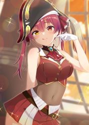 1girl :q absurdres arm_behind_back ascot bad_id bad_twitter_id bare_arms bare_shoulders belt bicorne black_choker black_hat blush breasts brooch brown_belt choker closed_mouth contrapposto covered_navel cowboy_shot cropped_jacket frilled_choker frills gloves gold_trim hair_ribbon hat heterochromia highres hololive houshou_marine jacket jewelry leather_belt leotard leotard_under_clothes licking_lips long_hair looking_at_viewer medium_breasts midriff miniskirt oku_1225 pirate pirate_hat pleated_skirt red_ascot red_eyes red_hair red_jacket red_ribbon red_skirt ribbon see-through_clothes see-through_leotard skirt sleeveless sleeveless_jacket smile solo tongue tongue_out twintails virtual_youtuber white_gloves yellow_eyes