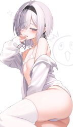 1girl absurdres ass bikini black_hairband black_survival blue_eyes blush commentary dasi_(kwts3227) eternal_return:_black_survival eyepatch flat_chest grey_hair hairband highres looking_at_viewer micro_bikini panties shirt short_hair simple_background sissela_kyle sitting solo swimsuit thighhighs underwear white_background white_panties white_shirt white_thighhighs