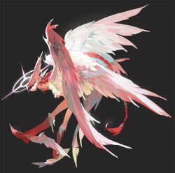 Rule 34 | 1boy, ascot, black background, blue eyes, braid, classicaloid, feathered wings, full body, grid background, halo, head wings, highres, leaning forward, light particles, long braid, male focus, nude, octahooves, parted lips, pink hair, red footwear, solo, white ascot, white wings, winged footwear, wings, wolfgang amadeus mozart (classicaloid)