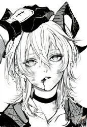 Rule 34 | artist name, blood, blood from mouth, blood stain, breasts, choker, collared shirt, eyeliner, gloves, greyscale, hair between eyes, highres, horns, looking up, makeup, medium breasts, monochrome, portrait, pov, shirt, stain, tangrenlan, white background, white hair, wuthering waves, zani (wuthering waves)