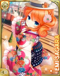 1girl blue_eyes breasts card_(medium) character_name closed_mouth cosplay flower girlfriend_(kari) hair_flower hair_ornament hat japanese_clothes kimono large_breasts looking_at_viewer medium_hair official_art orange_hair outdoors pink_flower qp:flapper red_kimono sagara_emi sash smile standing tagme taishou_era two_side_up