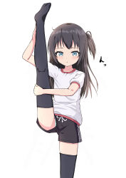 1girl absurdres arm_up black_hair black_shorts black_thighhighs blue_eyes blush closed_mouth commentary_request green_panties gym_shirt gym_shorts gym_uniform highres kneepits leg_up long_hair looking_at_viewer no_shoes one_side_up original panties panties_under_shorts panty_peek puffy_short_sleeves puffy_sleeves shirt short_shorts short_sleeves shorts simple_background solo split standing standing_on_one_leg standing_split takasuma_hiro thighhighs underwear upshorts white_background white_shirt