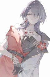 Rule 34 | 1girl, acheron (honkai: star rail), black gloves, dress, flower, flower ornament, gloves, hair over one eye, haru same322, highres, honkai: star rail, honkai (series), jewelry, necklace, pearl necklace, purple eyes, purple hair, simple background, smile, solo, two-tone dress, white background