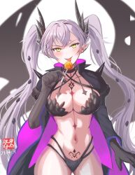 1girl bad_anatomy bad_neck body_markings braid breasts candy fate/grand_order fate_(series) food hair_between_eyes harness holding holding_candy holding_food holding_lollipop horns jacket lollipop lollipop_in_mouth long_hair looking_at_viewer multiple_braids naked_jacket navel o-ring o-ring_harness ordeal_call_servant_(female) pointy_ears purple_hair simple_background solo tetsu_no_samurai tongue tongue_out white_background yellow_eyes