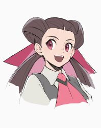 1girl :d ascot brown_hair collared_shirt commentary_request eyelashes grey_vest hair_ribbon hair_rings happy highres long_hair mocollie nintendo open_mouth pink_ascot pink_ribbon pokemon pokemon_oras ribbon roxanne_(pokemon) shirt simple_background smile solo teeth twintails upper_body upper_teeth_only vest white_background white_shirt