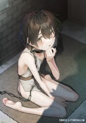 1girl bare_shoulders between_legs brick_wall brown_eyes brown_hair chain chain_leash collar fingernails full_body hair_between_eyes hand_between_legs ikuwataru_nagomi leash looking_at_viewer mat metal_collar open_mouth original rags scar scar_on_arm scar_on_face short_hair sitting slave sleeveless solo translation_request wariza