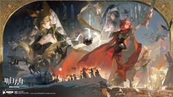 4girls animal_ears arknights armor black_dress black_gloves blonde_hair castle cloak d20_(die) dice dorothy_(arknights) dorothy_(hand_of_destiny)_(arknights) dragon dress feather_hair_ornament feathers fiammetta_(arknights) fiammetta_(divine_oath)_(arknights) flag gloves hair_ornament highres holding holding_instrument holding_sword holding_weapon instrument jewelry key lantern looking_at_viewer multiple_girls necklace nun official_art polyhedral_dice purple_hair quercus_(arknights) quercus_(the_bard&#039;s_tale)_(arknights) red_cloak red_eyes red_hair ship sword watercraft weapon whisperain_(arknights) whisperain_(priory_of_abyss)_(arknights) yellow_eyes