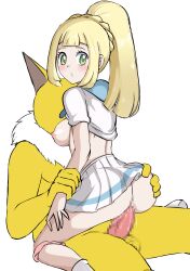 1girl @_@ absurdres ass blonde_hair braid breasts censored clothes_lift clothing_aside gen_1_pokemon green_eyes highres holding hypno legs_apart lillie_(pokemon) long_hair looking_back nintendo nipples nivi panties panties_around_leg penis pink_panties pleated_skirt pokemon pokemon_sm pokephilia ponytail sex shirt simple_background sitting skirt socks underwear white_background
