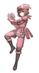1girl absurdres ammunition_pouch bandana bandana_around_neck belt belt_pouch black_belt black_boots blunt_bangs boots breast_pocket brown_hair bullpup camouflage_bandana cheogtanbyeong closed_mouth combat_boots commentary_request elbow_pads flat_chest full_body gloves gun hat hat_with_ears highres holding holding_gun holding_weapon jacket knee_pads korean_commentary light_frown llenn_(sao) long_sleeves looking_at_viewer mixed-language_commentary p-chan_(p90) p90 pants personal_defense_weapon pink_bandana pink_eyes pink_gloves pink_jacket pink_pants pocket pouch short_hair sidelocks simple_background sleeves_rolled_up solo submachine_gun sword_art_online sword_art_online_alternative:_gun_gale_online weapon white_background