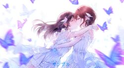 arms_around_neck blurry blurry_foreground brown_hair bug butterfly closed_eyes commentary_request commission cowboy_shot dress face-to-face floating_hair from_side glint hair_ornament half-closed_eyes highres higuchi_madoka hug idolmaster idolmaster_shiny_colors insect jiji_(381134808) kiss long_hair looking_at_another matching_outfits mole mole_under_eye purple_butterfly purple_eyes short_hair simple_background tsukioka_kogane white_background white_dress yuri