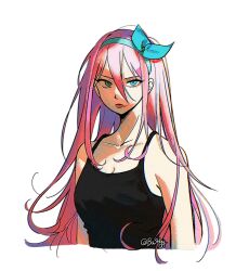 Rule 34 | 1girl, aqua eyes, aqua hairband, arms at sides, artist name, aubrey (faraway) (omori), aubrey (omori), backlighting, bare shoulders, black camisole, bow hairband, breasts, bu3hgg, camisole, chromatic aberration, cleavage, closed mouth, collarbone, commentary request, cropped torso, double-parted bangs, film grain, hair between eyes, hairband, highres, korean commentary, lips, long hair, looking at viewer, medium breasts, omori, pink hair, sidelocks, simple background, solo, v-shaped eyebrows, white background