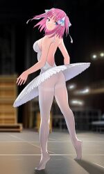 Rule 34 | 1girl, ass, athletic leotard, back, blue eyes, breasts, butterfly hair ornament, closed mouth, commentary request, from behind, full body, go-toubun no hanayome, hair ornament, highres, indoors, kosmos beta, leotard, nakano nino, no panties, pantyhose, ribbon, shadow, skirt, smile, solo, standing, thighband pantyhose, variant set, white leotard, white pantyhose, white skirt