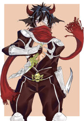 1boy armor assassin_cross_(ragnarok_online) bandage_over_one_eye black_hair black_wings brown_background brown_pants brown_shirt commentary_request cowboy_shot dagger dual_wielding hair_between_eyes head_wings hijiru holding holding_dagger holding_knife holding_weapon horns knife looking_at_viewer male_focus pants pauldrons ragnarok_online red_eyes red_horns red_scarf scarf shirt short_hair shoulder_armor skull solo spiked_hair torn_clothes torn_scarf two-tone_background vambraces weapon white_background wings