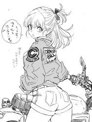 1girl ass bulma dragon_ball from_behind greyscale holding holding_weapon jacket kajino_(aosansai) long_hair looking_at_viewer looking_back monochrome one_side_up shorts solo weapon