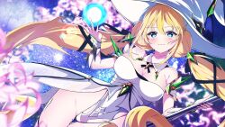 1girl absurdres blonde_hair blue_eyes blush braid breasts cleavage detached_collar energy ether_(starward) hair_between_eyes hat headpiece highres holding holding_staff large_breasts leotard long_hair looking_at_viewer low_twintails side_braid smile staff starward thighhighs twintails utsubo_(u-tubo) very_long_hair white_hat white_leotard white_thighhighs witch_hat