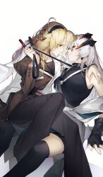 2girls akechi_(826988799) arknights black_eyes black_gloves black_hairband black_pants black_shirt black_thighhighs blonde_hair brown_coat chinese_commentary closed_mouth coat collar commentary_request dragon_horns eye_contact fingerless_gloves glaring gloves grey_hair hairband hand_on_another&#039;s_shoulder highres holding holding_leash horns kristen_(arknights) leash long_hair long_sleeves looking_at_another multiple_girls orange_eyes pants saria_(arknights) shirt simple_background sitting sitting_on_lap sitting_on_person sleeveless sleeveless_shirt thighhighs white_background yuri