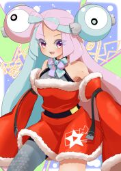 Rule 34 | absurdres, alternate costume, aqua hair, christmas, dress, highres, iono (pokemon), nintendo, pink hair, pokemon, pokemon sv, poyoxis, santa costume, santa dress, sharp teeth, teeth