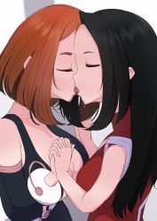 2girls absurdres black_bodysuit black_hair blush bodysuit boku_no_hero_academia breasts brown_hair center_opening cleavage closed_eyes hair_down highres hiiragi_shouichi holding_hands interlocked_fingers kiss large_breasts leotard long_sleeves multiple_girls poorly_drawn red_leotard saliva short_hair tongue tongue_out uraraka_ochako yaoyorozu_momo yuri