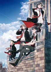 4boys absurdres aged_down black_hair black_robe blue_sky brown_hair childlock glasses gryffindor harry_potter_(series) harry_potter_and_the_prisoner_of_azkaban highres hogwarts_school_uniform huge_filesize james_potter multiple_boys necktie outdoors peter_pettigrew remus_lupin robe school_uniform short_hair sirius_black sitting sky smile wizarding_world