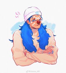 1boy bandaid bandaid_on_face blue_eyes blue_hair blue_nails buggy_the_clown closed_mouth clown_nose crossed_arms long_hair looking_at_viewer male_focus one_piece pout sideburns simple_background solo sparse_stubble sweater turtleneck vamos_mk white_background white_sweater