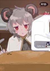 1girl animal_ear_fluff animal_ears commentary_request cookie_(touhou) english_text grey_hair kebabu_01 kofji_(cookie) looking_at_viewer milk milk_(cookie) milk_carton mouse_ears mouse_girl murasa_minamitsu nazrin open_mouth red_eyes shelf short_hair solo table touhou upper_body