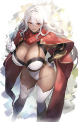 1girl absurdres baketsu breasts cape cleavage commentary_request dark-skinned_female dark_elf_swordswoman_(baketsu) dark_skin feet_out_of_frame gloves gold_trim highleg highleg_leotard highres huge_breasts leotard long_hair looking_at_viewer original red_cape red_eyes solo thighhighs very_long_hair white_gloves white_hair white_leotard white_thighhighs