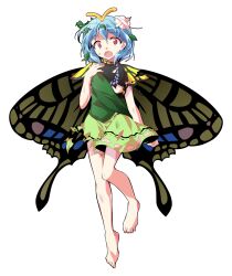 1girl alphes_(style) antennae aqua_hair bandaid barefoot butterfly_wings commentary_request dairi defeat dirt dress eternity_larva fairy flat_chest full_body green_skirt hand_on_own_chest highres insect_wings large_variant_set leaf leaf_on_head multicolored_dress parody simple_background skirt solo style_parody tachi-e tears torn_clothes touhou transparent_background variant_set wings
