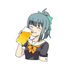 1girl alcohol beer beer_mug black_shirt bow bowtie closed_eyes cropped_torso cup drinking grey_hair highres kantai_collection long_hair mug orange_bow orange_bowtie ponytail rockborder sailor_collar sailor_shirt shirt solo upper_body white_sailor_collar yuubari_(kancolle)