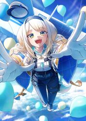 1girl :d absurdres aircraft airplane animal_ears armillarphere_v balloon baton_(weapon) belt black_hairband blonde_hair blue_belt blue_pantyhose blue_shoes blue_shorts blue_sky blush capelet chest_harness cloud commentary_request crotch_seam day dog_ears dog_girl dog_tail glint gloves gradient_hair green_eyes grey_hair hair_intakes hairband harness hat hat_loss highres holster light_rays long_hair looking_at_viewer multicolored_eyes multicolored_hair neck_tassel nijisanji open_mouth orange_eyes orange_ribbon outdoors outstretched_arms pantyhose pantyhose_under_shorts parted_bangs paw_shoes peaked_cap police police_hat police_uniform policewoman quilted_clothes ribbon shioriha_ruri shioriha_ruri_(1st_costume) shirt shirt_tucked_in shoes short_shorts short_sleeves shorts sidelocks sky skydive smile solo tail tassel teeth thigh_holster thigh_strap tongue two-sided_capelet two-tone_eyes virtual_youtuber weapon white_capelet white_gloves white_hat white_shirt