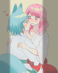 2girls animal_ears bang_dream! blue_hair blush chieh commentary fox_ears fox_girl fox_tail green_eyes hand_on_another&#039;s_back hashtag-only_commentary heart hickey hikawa_hina japanese_clothes kimono looking_at_another maruyama_aya multiple_girls open_mouth pink_eyes pink_hair tail tongue tongue_out white_kimono yuri