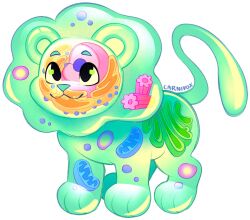 :3 animal animal_focus carnivox cell_(biology) commentary english_commentary full_body fusion highres lion looking_at_viewer no_humans original see-through_body simple_background solo standing tail transparent white_background