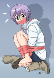 Rule 34 | 1girl, barefoot, bdsm, bondage, bound, brown hair, gag, gagged, glasses, grey hair, highres, improvised gag, legs, lost one zero, nagato yuki, nagato yuki-chan no shoushitsu, shoes, suzumiya haruhi no shoushitsu, suzumiya haruhi no yuuutsu, tape, tape bondage, tape gag, unworn shoes