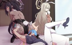 3girls akane_(blue_archive) akane_(bunny)_(blue_archive) armpits ass bare_shoulders black_hair blue_archive blush breasts dark_skin fishnet_pantyhose fishnets from_behind glasses gloves halo high_heels highres huge_ass karin_(blue_archive) karin_(bunny)_(blue_archive) koyuki_(blue_archive) leotard light_brown_hair long_hair multicolored_hair multiple_girls pantyhose pink_hair playboy_bunny ponytail rabbit_ears rabbit_tail shiny_skin sideboob sitting sitting_on_face sitting_on_person smother struggling tail trembling ukaya_masaru very_long_hair yellow_eyes yuri