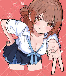 Rule 34 | 1girl, absurdres, amashi 2278, blue overskirt, blue ribbon, blue skirt, blunt bangs, blush, breasts, brown hair, cleavage, collarbone, commentary request, cropped legs, dotted line, fingernails, gakuen idolmaster, gyaru, gyaru v, hanami ume, hatsuboshi gakuen school uniform, heart, highres, idolmaster, kogal, large breasts, leaning forward, looking at viewer, loose neck ribbon, medium hair, multicolored hair, neck ribbon, open collar, orange hair, pleated skirt, red background, ribbon, school uniform, shirt, skirt, smile, solo, thighs, two-tone hair, v, white shirt
