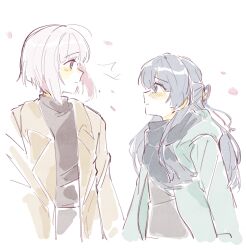 2girls ^^^ absurdres aqua_coat black_scarf blue_eyes blue_hair blue_ribbon blush bob_cut brown_coat brown_sweater coat collarbone commentary dollchestra eye_contact flying_sweatdrops hair_intakes hair_ornament hair_over_shoulder hair_ribbon half_updo highres hood hooded_coat inverted_bob link!_like!_love_live! long_hair long_sleeves looking_at_another looking_at_viewer love_live! multiple_girls murano_sayaka murano_sayaka_(winter_casual) official_alternate_costume open_clothes open_coat profile red_ribbon ribbon scarf short_hair simple_background star_(symbol) star_hair_ornament sweater symbol-only_commentary virtual_youtuber white_background white_hair woodonly yugiri_tsuzuri yugiri_tsuzuri_(winter_casual)
