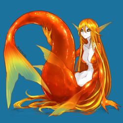 1girl black_sclera blue_background closed_mouth colored_sclera colored_skin completely_nude fingernails fins full_body head_fins highres holding_own_tail holding_tail long_hair looking_at_viewer mermaid monster_girl nude orange_eyes orange_hair orange_scales orange_skin original ruteko_(ruko220) scales sharp_fingernails simple_background smile solo tail tail_raised twitter_username very_long_hair webbed_hands white_skin yellow_eyes
