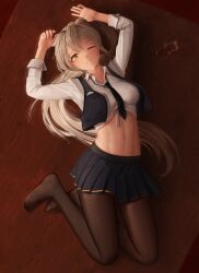 1girl abs absurdres black_necktie black_pantyhose black_skirt black_vest blonde_hair breasts collared_shirt commentary commission english_commentary full_body glass hair_between_eyes highres light_particles long_hair looking_at_viewer lying medium_breasts midriff navel necktie numanoan on_back one_eye_closed open_clothes open_vest original pantyhose parted_lips pleated_skirt ponytail shirt skirt smile solo tied_shirt toes toned toned_female very_long_hair vest white_shirt wooden_floor yellow_eyes