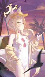 1girl absurdres animal_ear_fluff animal_ears bare_shoulders bird blue_archive blush breasts car car_keys closed_mouth covered_navel cross_halo diamond_cutout extra_ears eyewear_hang fingernails fox_ears fox_girl fox_tail halo highleg highleg_one-piece_swimsuit highres holding holding_key ikou_(18_ikou) jacket key loli long_hair long_sleeves looking_at_viewer motor_vehicle off_shoulder official_alternate_costume official_alternate_hairstyle one-piece_swimsuit palm_tree pink-tinted_eyewear seia_(blue_archive) seia_(swimsuit)_(blue_archive) side_ponytail smile solo standing sunglasses sunset swimsuit tail thighs tinted_eyewear tree unworn_eyewear very_long_hair visor_cap white_one-piece_swimsuit yellow_eyes yellow_halo yellow_jacket