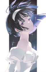 Rule 34 | 1girl, alien stage, bare shoulders, black hair, dress, earrings, flat chest, floating hair, hairband, highres, jewelry, juliet sleeves, light smile, long sleeves, looking at viewer, off-shoulder dress, off shoulder, pearl earrings, puffy sleeves, purple eyes, short hair, solo, sparkle, straight hair, sua (alien stage), upper body, white dress, white hairband, ying4747447
