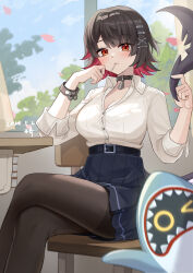 1girl absurdres artist_name belt black_choker black_hair black_pantyhose black_skirt blue_skirt blush breasts candy chair choker cleavage closed_mouth collared_shirt colored_inner_hair commentary_request crossed_legs day desk ellen_joe ellen_joe_(on_campus) falling_petals food hair_ornament highres holding indoors large_breasts lollipop long_sleeves looking_at_viewer miniskirt mole mole_under_eye multicolored_hair orange_eyes pantyhose petals pink_hair pleated_skirt red_eyes red_hair shirt shirt_tucked_in short_hair sitting skirt solo two-tone_hair wangqi white_shirt window zenless_zone_zero