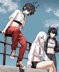 3girls animal_ear_piercing animal_ears antlers black_choker black_eyes black_hair black_jacket black_pants black_shorts black_sports_bra blue_eyes blue_sky borrowed_character breasts catherine_(sedai) choker clothes_writing cloud cloudy_sky collarbone commentary crossed_legs crossover deer_antlers deer_ears deer_girl drawn_ears earclip english_commentary eyelashes full_body grey_choker hair_between_eyes hair_over_one_eye hair_over_shoulder hand_on_own_hip hand_on_railing highres horns jacket long_hair long_sidelocks long_sleeves looking_at_viewer medium_breasts messy_hair midriff multiple_girls navel oaklyn_(k-rha) on_railing open_clothes open_jacket original pants railing red_pants red_pupils red_shoes sedai shadow shirt shoes short_hair short_sleeves shorts sidelocks single-shoulder_shirt single_bare_shoulder single_sidelock single_strap sitting sky sports_bra standing straight_hair sweatpants white_hair white_shirt z-chan_(milim_nova)